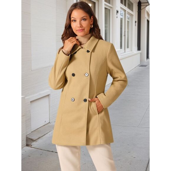 Peacoat Double Breasted Button Outerwear Winter Coat Brown - Picture 3 of 6